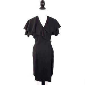 Vintage 80s Beau David Linen V-Neck Short Sleeve Ruffle Wrap Dress Black Size 8